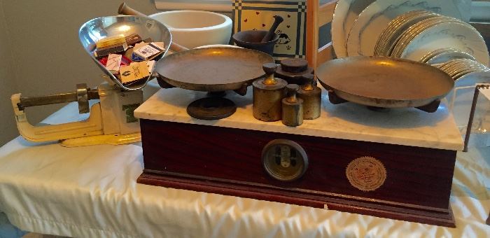 Scales including a 1920's Marble top scale with weights. 