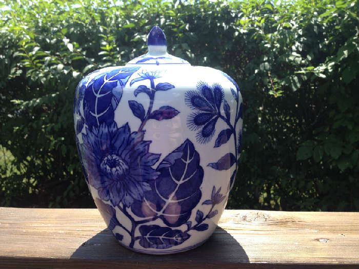 Blue and white ginger jar with lid.