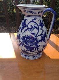 Seymour Mann China Blue Fine Porcelain pitcher.  Measures:  9 1/2" H x 7" W.