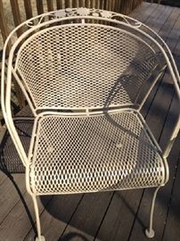 (4) Meadowcraft Vintage Wrought Iron Tub Chairs, that were made by master craftsmen using iron and aluminum, welding back to frames, giving each chair a rigid integrity that is hard to find elsewhere. Constructed of top quality half inch round steel and heavy duty mesh.  Refurbished in light beige. Excellent condition.  
