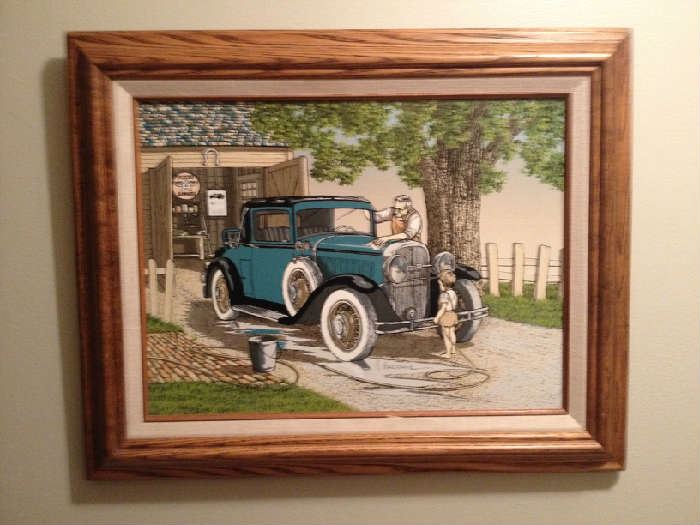 Hargrove painting.  Stained wood frame.  Measures: 16 3/4" H x 21" wide. Excellent condition.
