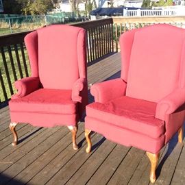 Custom covered,  Queen Anne, burgundy,  wing back chairs. (2)