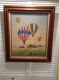 C. Carson's  hot air balloon painting.  Stained wood frame. Measures: 31" H X 27" wide.