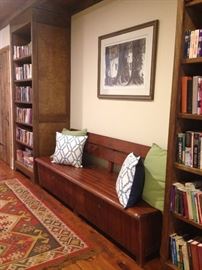 Mahogany Lift Top Boaters Bench, Old Maples Print signed Robert Todd