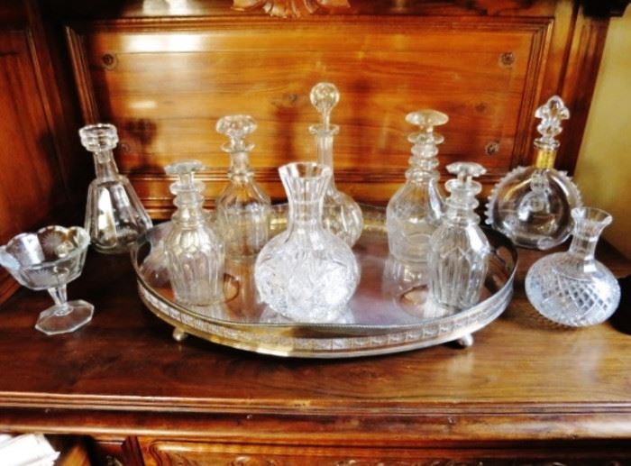 Collection of Antique Georgian, Victorian and Baccarat Crystal Decanters; some Decanters SOLD, but we still have the Bacccarat ones.  The Oval Pierced Gallery Tray is SOLD!