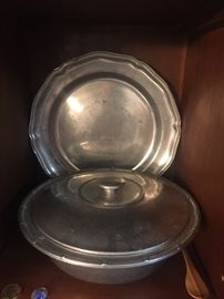 Pewter plate and casserole dish 