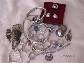 Beautiful selection of sterling silver rings, bracelets and pendants.