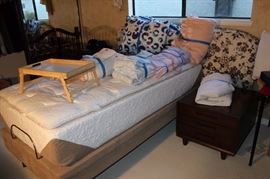 Night stand,bed, linens, bed tray, wood twin headboard.
