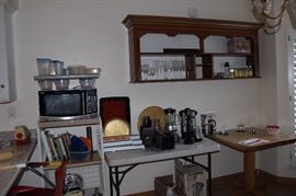 Appliances, Haier microwave, microwave stand, pine table.