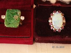 vintage jade/diamond ring and vintage opal, ruby and diamond ring