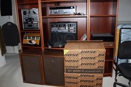 Vintage stereo equipment, like new Bose speakers in box. sansui speakers and receiver, United Audio turntable, Akai recorder.