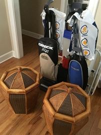 2 Oreck Vacuum Cleaners, one still on wrapper, large decorative baskets