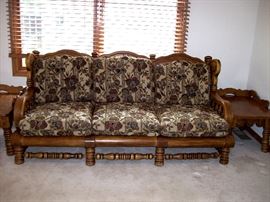          Heavy pine sofa w/cushions & two end tables