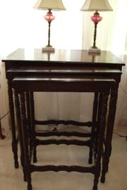                 Three stack tables & pair of boudoir lamps