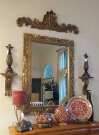 mirror, sconces, candle, red decor