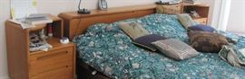 Mid Century design bedroom set, several pieces. King size bed with drawers