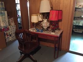 Enamel top table great old office chair and plenty of pairs of lamps