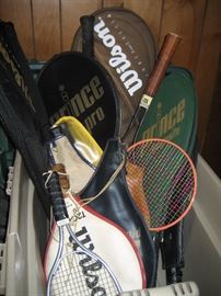 Assorted tennis and racquetball racquets