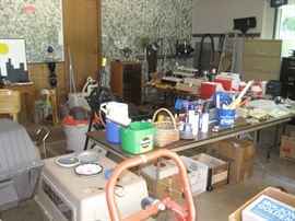 Dog kennel, gas grill, sewing machine, file cabinets