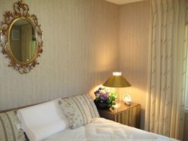 King size bed, decorative mirror, mirrored end table, clear glass lamp (1 of pair)