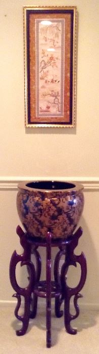 Framed Asian Needlework, Dramatic Fishbowl on Tall Stand