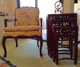 Nest of 4 Hand Carved Chinese Tables, Floral Upholstered Fauteuil 