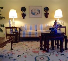 CARVED WOOD BACCHANALIAN WALL BRACKETS, Majolica Plaques, Wood Framed Settee, Pair of Lamps on Tables, Occasional & Accessories Tables, Decorative accessories, Porcelains & Figurines, Chinese Carved Wood Low-Table w/Nesting Stools 