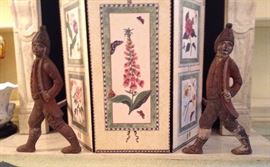ANTIQUE HESSIAN ANDIRONS, Floral 3-Panel Screen