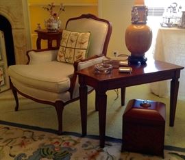 Wood Framed Bergère, Burl Top Stand, Low Wedge Table, Tabletop Accessories, Wood Box, Musical Tea Pot 