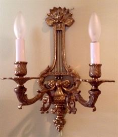 Lyre Sconce, Electrified Cast Brass (one of pair)