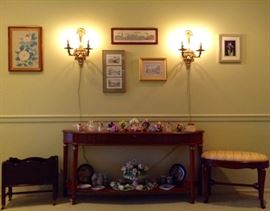 Console, Canterbury/magazine holder, Oval Bench, Sconces, Hand Painted Porcelain & Decorative Art