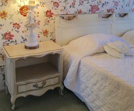 Drexel French Provincial Bedroom set (one of pair End Chests), Carved and Glazed King Headboard with Swag detail