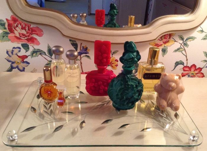 CZECHOSLOVAKIAN ART GLASS PERFUME BOTTLES (including RARE Red), Perfumes & Soaps on Crystal Tray