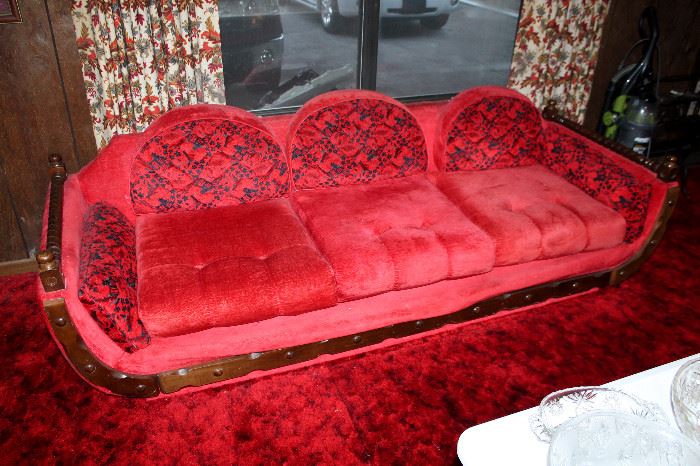 Awesome retro red sofa, loveseat, and armchair.
