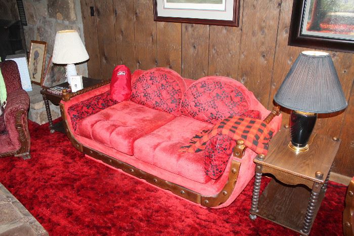 Awesome retro red sofa, loveseat, and armchair.
