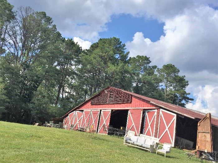 Huge Barn with tractor, bush hog, gliders, outdoor sets, fencing, primitives, old (HUGE) barn door that would make a great sign or artwork for a shop...