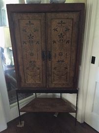 19th C painted corner cabinet with custom iron base