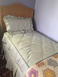 Custom made green ticking bedspreads, bedskirts and shams with antique Grandmother's Garden quilt