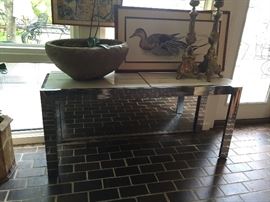 Mid Century modern chrome console table with marble top and mirrored back 