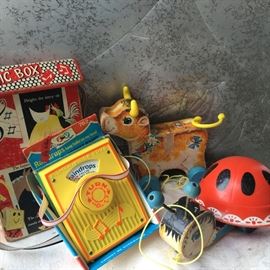 Vintage Fisher Price toys:  Farmer in the Dell, Raindrops Keep Falling on My Heak , Bossy Bell, & Lady Bug and so much more!!