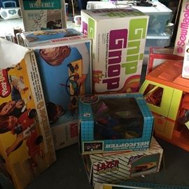Vintage Toys in original boxes:  Play-Doh Pumper number 9, Preschool Busy Driver, Gnip Gnop, See & Go's Toot-toot Helicopter, Lazer Disc Player, Barbie Camper  - and so so much more!