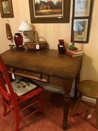 Another antique lift-top desk; red antique chair; small stool