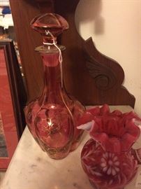 Cranberry decanter & vase