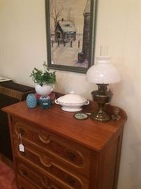 Antique 3-drawer chest; Fenton; white stoneware; cabin/snow scene painting