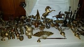 BRASS ORNAMENTAL FIGURINES, CANDLE HOLDERS, WALL SCONCES, VASES, ETC.
