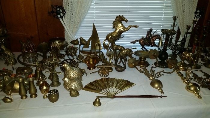 BRASS ORNAMENTAL FIGURINES, CANDLE HOLDERS, WALL SCONCES, VASES, ETC.