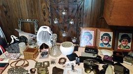 Assortment of Coin purses, Sun glasses, Picture Frames, Canisters and Candle holders, etc.
