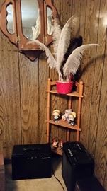 Paper Shredder (lower right) & Honeywell box (lower Left) Shelving unit, Precious Moments Figurines and Plumes.