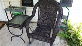 Wicker Patio Chair and Side Table, with Glass Top.