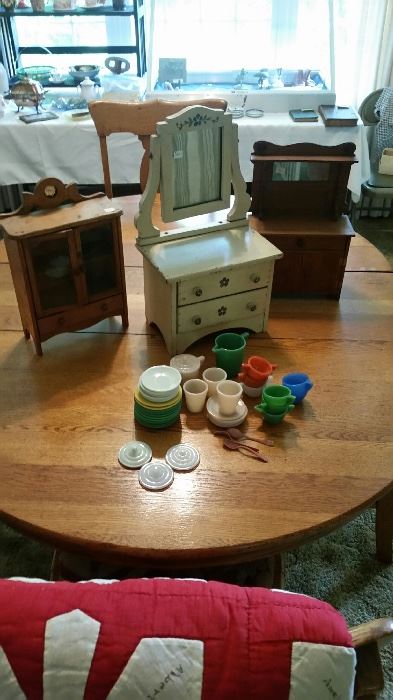 Just adorable salesman's sample china cabinet, original paint dresser and oak buffet.  Collection of Akro Agate child's dishes.